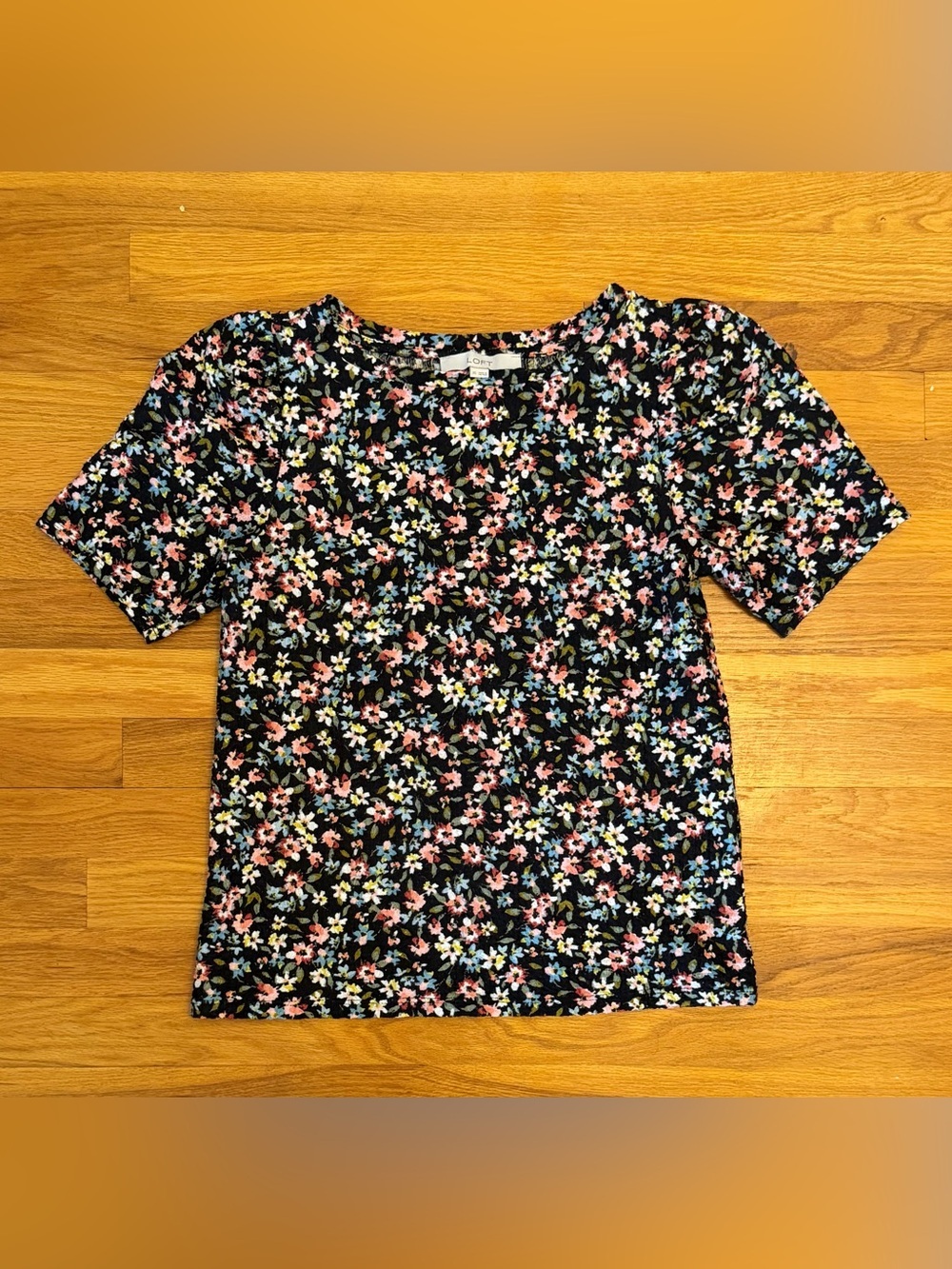 Loft Floral Short Sleeve Top - Black with Pink & White Flowers